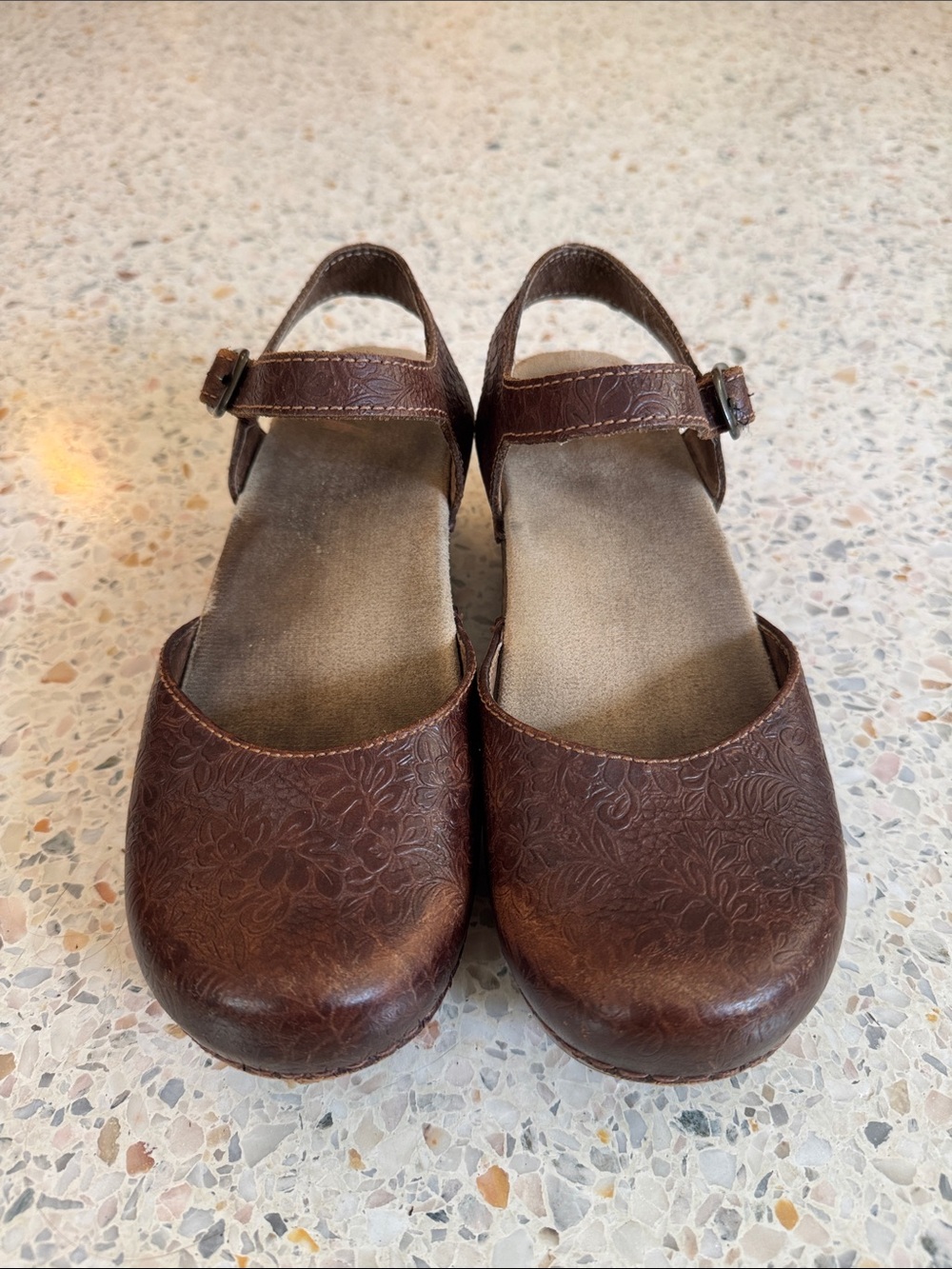 Dansko Brown Leather Floral-Embossed Mary Jane Clogs - Picture 4 of 7